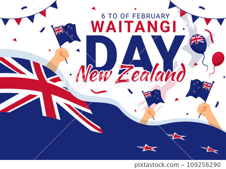 Happy Waitangi Day Vector Illustration on February 6 with New Zealand Flag and Map in National Holiday Flat Cartoon Background Design 109256290