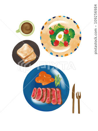 水彩風格西餐（牛排、麵包、沙拉、咖啡）套裝【透明背景】 109256984