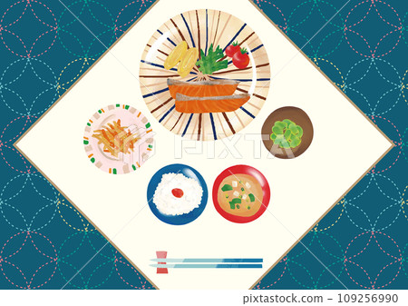 水彩風格日本料理（烤鮭魚、白飯、味噌湯、蠶豆、金平、櫻桃番茄、蘆筍、煎蛋、醃梅子）套餐 109256990