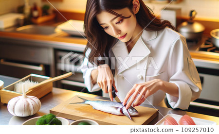 A beautiful Japanese girl is cutting fish with a knife in a white coat. 109257010