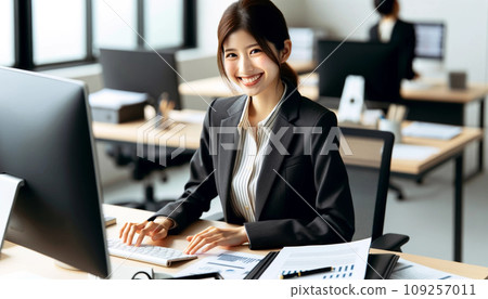 A Japanese female employee wears a suit and works with a smile 109257011