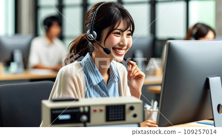A Japanese female part-time worker smiles as she makes outgoing calls at a call center. 109257014