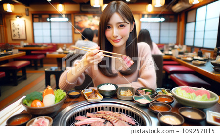 A cute Japanese woman eating Yakiniku 109257015
