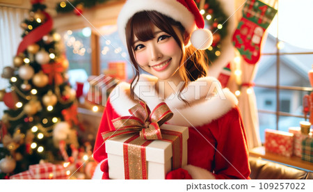 A cute Japanese woman is wearing a Santa costume and holding a present. 109257022