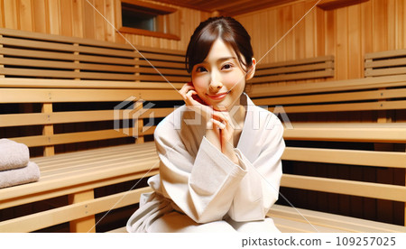 A cute Japanese woman is getting ready in the sauna 109257025