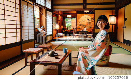 A cute Japanese woman traveling to an inn 109257026