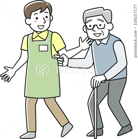 A senior man walking with a cane and a care worker accompanying him 109257177