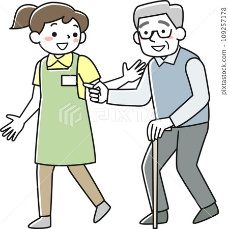 一名拄著拐杖行走的老人和一名護工陪同 一名拄著拐杖行走的老人和一名護工陪同 109257178