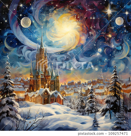 [AI generated image/AI illustration] Fantasy snow town 109257471