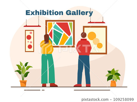 Exhibition Visitors Viewing a Gallery with Modern Abstract Painting at Contemporary in Exposition Hall in Flat Cartoon Background Vector Illustration 109258099