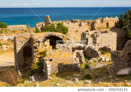 Stone ruins of ancient necropolis in Anemurium on background of Mediterranean Sea 109258141