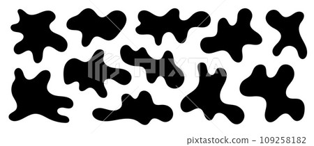 Abstract organic shapes collection. Irregular liquid forms set. Black amoeba blobs, blotches, drops or stains bundle. Different design elements for decor, sticker, banner, bubble, collage. Vector pack 109258182
