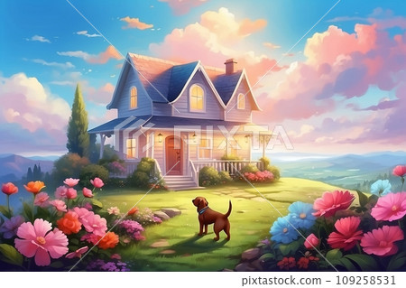 A dog walking in the garden of a house on a hill 109258531