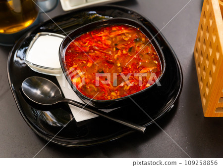 National dish of Russian cuisine is Solyanka soup 109258856