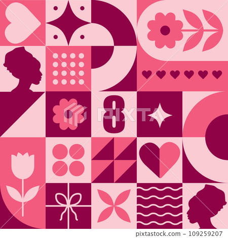 8 march modern neo geometric poster. International womens day. Abstract background with simple icons in bauhaus minimalist style. Vector illustration. Trendy greeting card template 8 march modern neo geometric poster. International womens day. Abstract background with simple icons in bauhaus minimalist style. Vector illustration. Trendy greeting card template 109259207