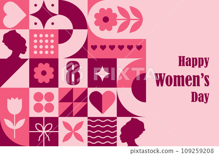 International womens day card. Abstract background for 8 march. Modern neo geometric pattern. Vector illustration in trendy bauhaus style. Template for postcards, invitations or web design 109259208