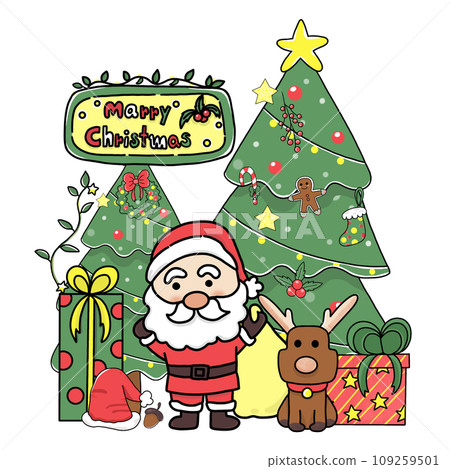 Cartoon Merry Christmas with Santa Claus Reindeer Gift Box and Christmas tree Cartoon Merry Christmas with Santa Claus Reindeer Gift Box and Christmas tree 109259501