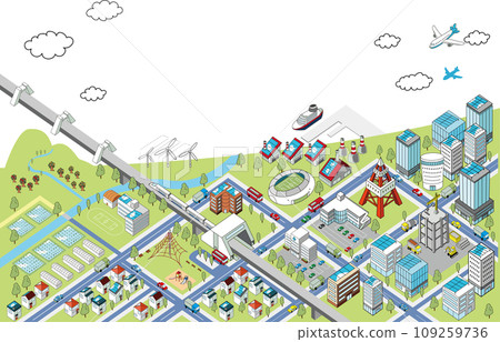 與自然和諧相處的海濱城鎮景觀的俯視圖（白色背景） 109259736