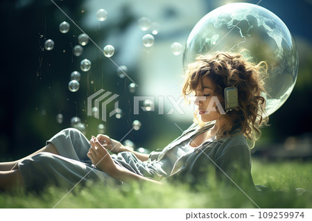 A young woman and a globe in nature. Young take care of Earth planet and environmental nature. Happy Earth Day and Nature care Concept. Generative Ai. 109259974