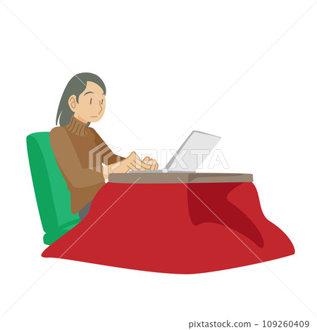 A woman typing a report into a laptop at a kotatsu 109260409