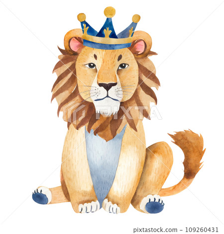 Watercolor drawing of cute lion wearing crown, transparent background 109260431