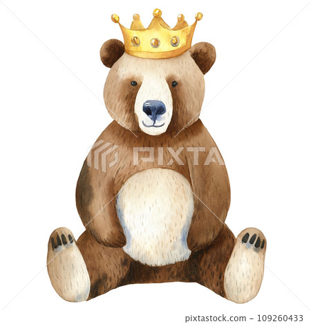 Watercolor drawing of cute brown bear wearing crown, transparent background 109260433