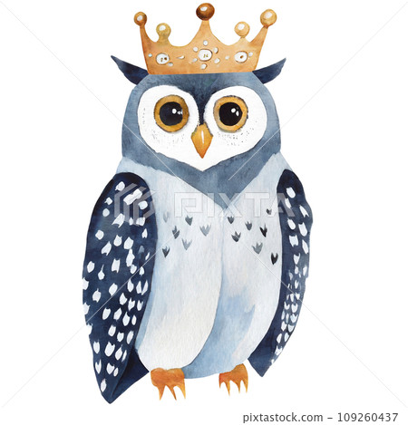 Watercolor drawing of cute owl wearing crown, transparent background 109260437