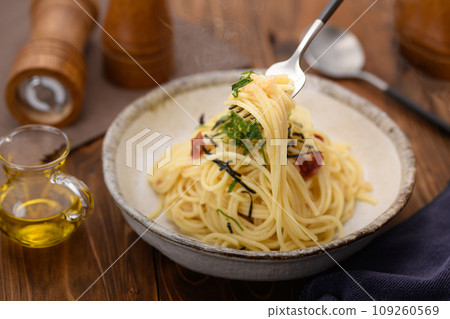 Japanese-style pasta with herring roe and plums Japanese-style pasta with herring roe and plums 109260569