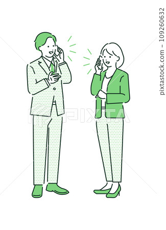 Vector illustration of a businessman and businesswoman talking on a smartphone. Whole body. Vector illustration of a businessman and businesswoman talking on a smartphone. Whole body. 109260632