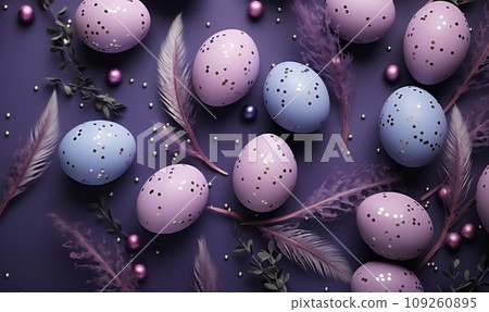 lavender background with blue eggs and lavender, 109260895