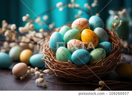 colorful wicker basket with Easter eggs inside for springEaster 109260937