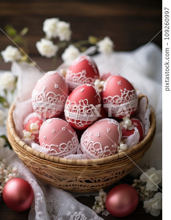 red dyed easter eggs in basket with greenery, 109260997