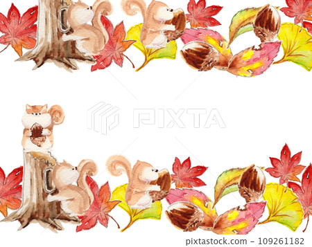 Hand-painted watercolor squirrel and fallen leaves frame Hand-painted watercolor squirrel and fallen leaves frame 109261182