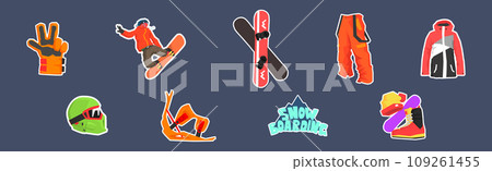 Snowboarding Sticker as Extreme Mountain Sport Vector Set Snowboarding Sticker as Extreme Mountain Sport Vector Set 109261455