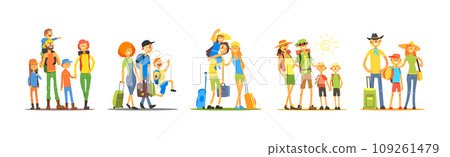 Happy Family on Summer Vacation with Kids and Suitcase Vector Set Happy Family on Summer Vacation with Kids and Suitcase Vector Set 109261479
