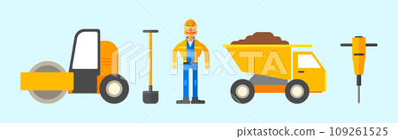 Road Work Flat Object with Man, Lorry, Shovel and Concrete Paver Vector Set Road Work Flat Object with Man, Lorry, Shovel and Concrete Paver Vector Set 109261525