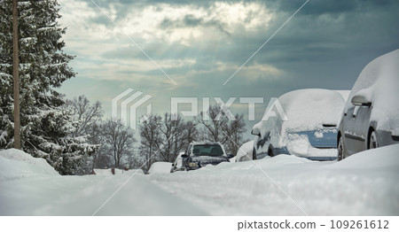 Snow-laden street with cars all shrouded in snow Snow-laden street with cars all shrouded in snow 109261612