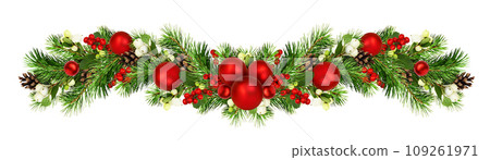 Snowberries with green twigs of Christmas tree, red decorations and cones in a holiday waved garland isolated on white background Snowberries with green twigs of Christmas tree, red decorations and cones in a holiday waved garland isolated on white background 109261971