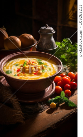 Chickpea soup in a bowl with spices 109262213