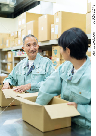 Middle-aged male and female workers packing in a warehouse 109262278