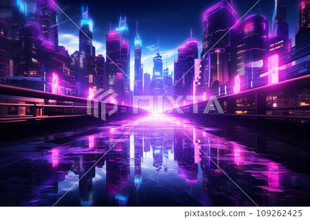 Neon empty city streets after sunset Neon empty city streets after sunset 109262425