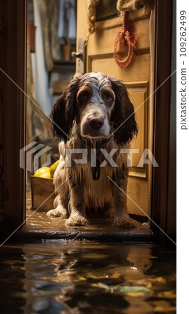 Dog in flooded house after flooding Dog in flooded house after flooding 109262499