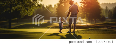 Dad teaches his child to play golf Dad teaches his child to play golf 109262501