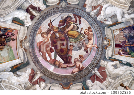 Mars holds the Medici coat of arms between putti fresco by Bernardino Poccetti Ospedale degli Innocenti - Exterior arcade, Florence, Italy Mars holds the Medici coat of arms between putti fresco by Bernardino Poccetti Ospedale degli Innocenti - Exterior arcade, Florence, Italy 109262526