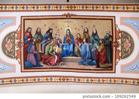 Pentecost, the descent of the Holy Spirit, fresco in the church of Saint Matthew in Stitar, Croatia 109262549