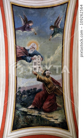 God gives Moses the Ten Commandments, fresco in the church of Saint Matthew in Stitar, Croatia God gives Moses the Ten Commandments, fresco in the church of Saint Matthew in Stitar, Croatia 109262564