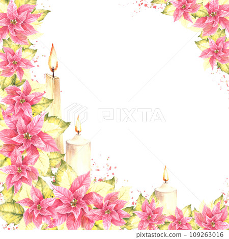 Watercolor painted corner frame with pink Poinsettia flowers leaves, flaming candles and splashes Illustration for Christmas, New Year card template, winter celebrate print. Isolated white background 109263016