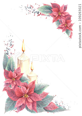 Watercolor painted corner frame with red Poinsettia flowers leaves with flaming candles and splashes Illustration for Christmas, New Year card template, winter holiday print. Isolated white background 109263021