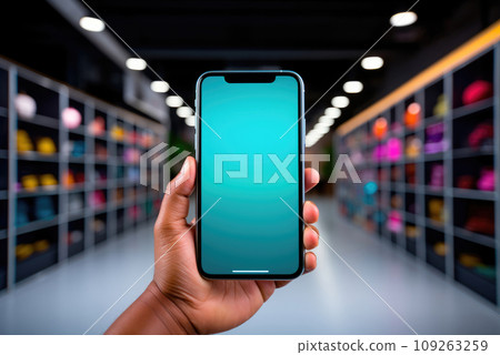 Smartphone with blue blank screen mockup in a man's hand against the background of a warehouse with goods 109263259