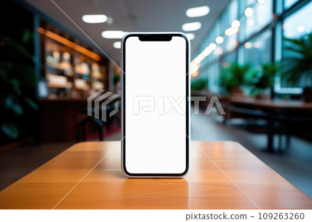 Smartphone with white blank screen mockup on cafe interior background 109263260